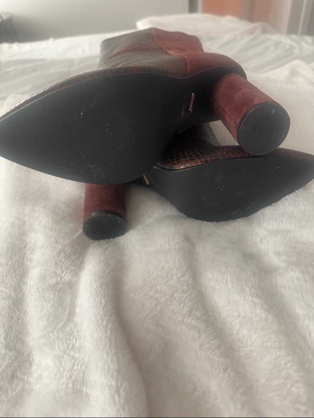 42 GOLD Two-Tone Burgundy Snake-Embossed & Suede Boots - Picture 6 of 7